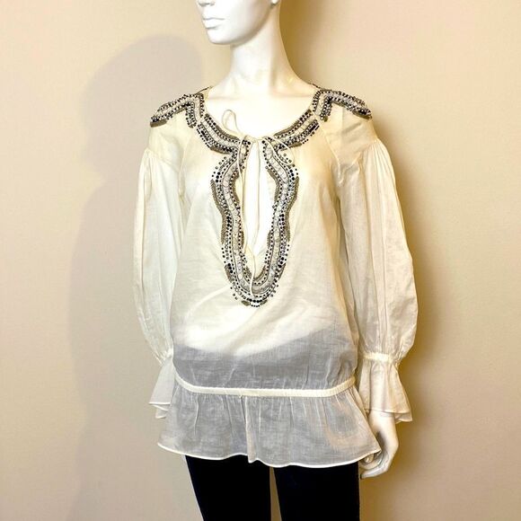 Roberto Cavalli Boho Peasant Blouse with Beading and Tie Front Size 40… - Picture 1 of 9